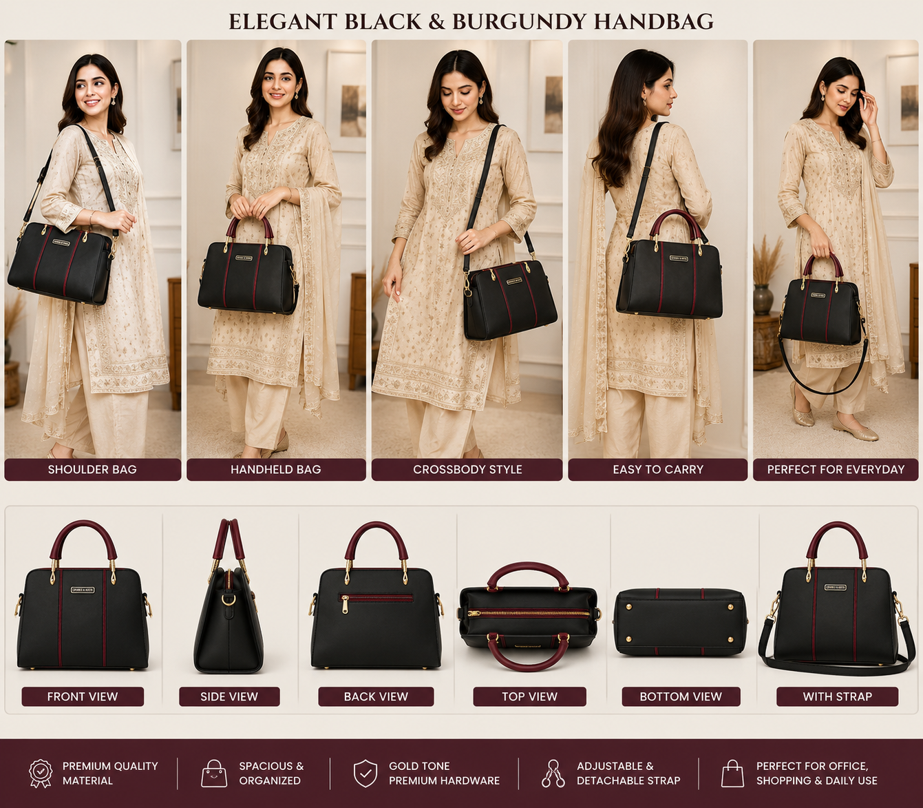 Elegant Black & Burgundy Women's Handbag | Premium Office & Casual Shoulder Bag
