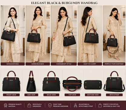 Elegant Black & Burgundy Women's Handbag | Premium Office & Casual Shoulder Bag