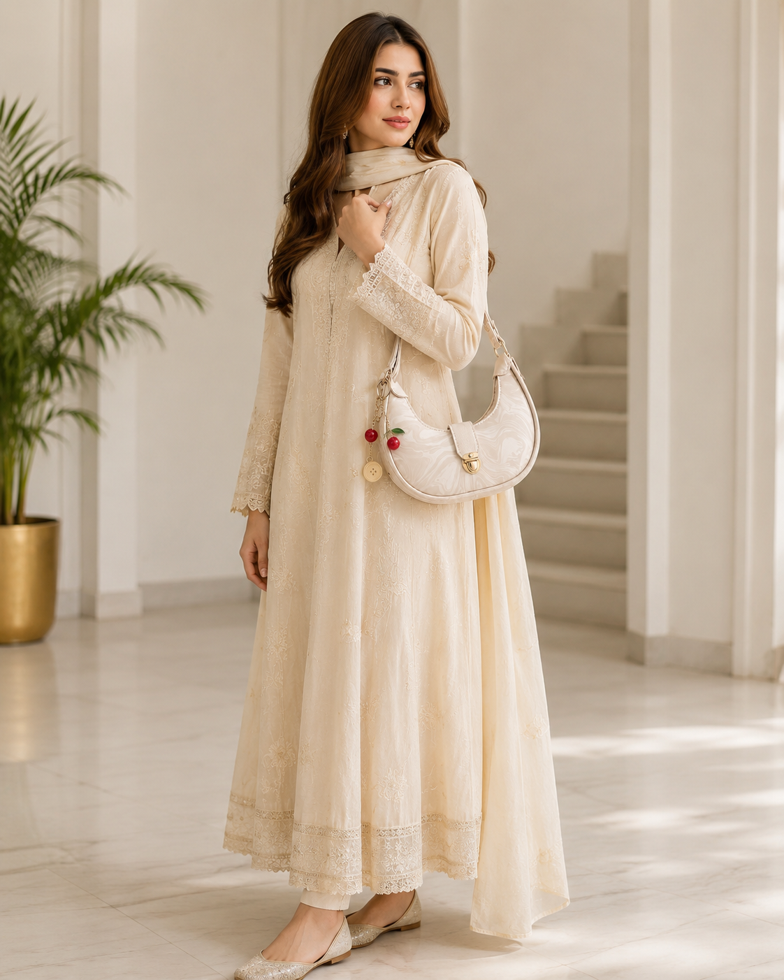 Elegant Cream Crescent Shoulder Bag for Women | Stylish Mini Handbag