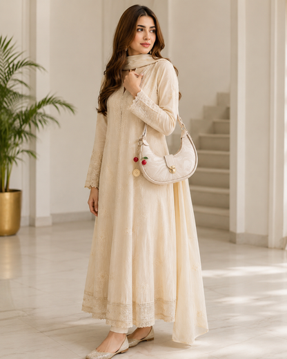 Elegant Cream Crescent Shoulder Bag for Women | Stylish Mini Handbag