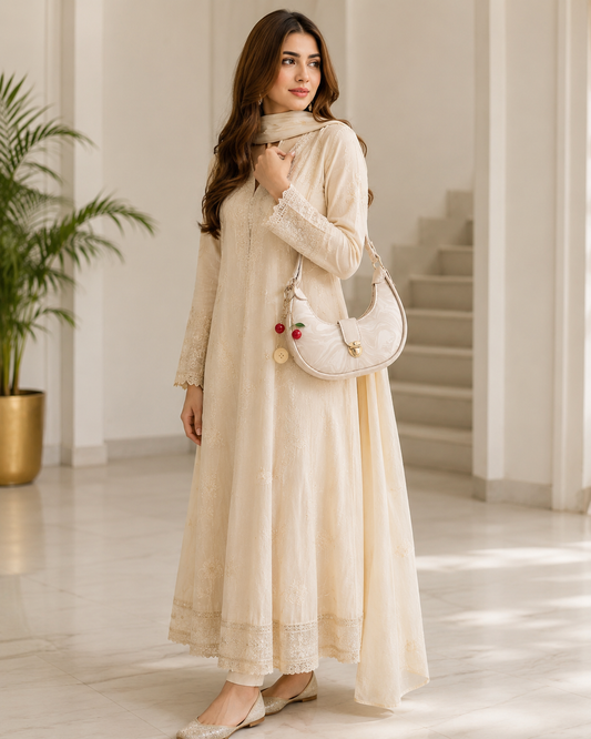 Elegant Cream Crescent Shoulder Bag for Women | Stylish Mini Handbag