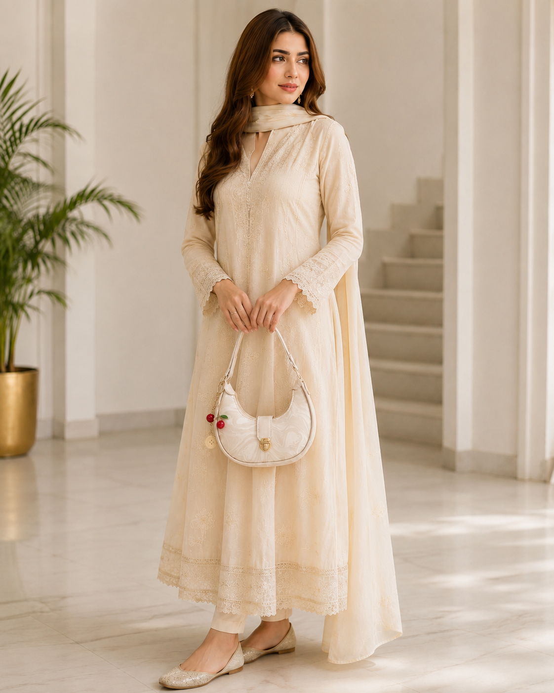 Elegant Cream Crescent Shoulder Bag for Women | Stylish Mini Handbag