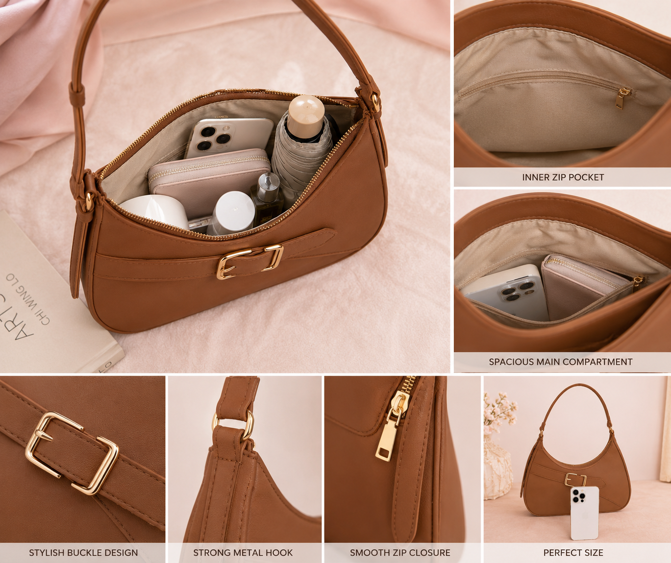 Elegant Brown Buckle Shoulder Bag for Women | Stylish Everyday Handbag