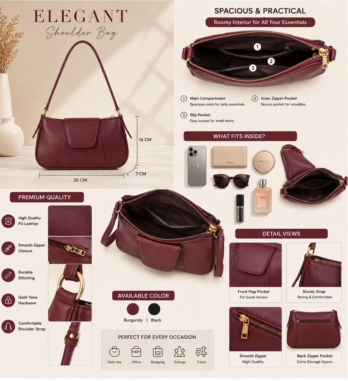 Elegant Burgundy Shoulder Bag for Women | Premium Everyday Handbag