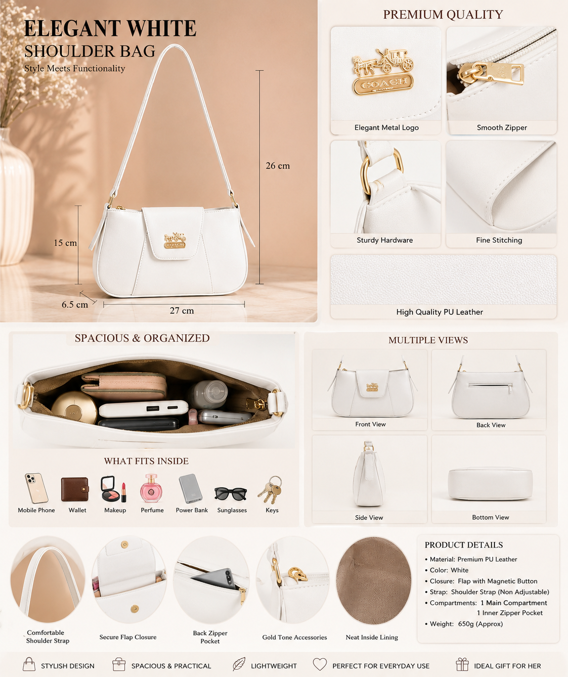 Elegant White Shoulder Bag for Women | Premium Everyday Handbag