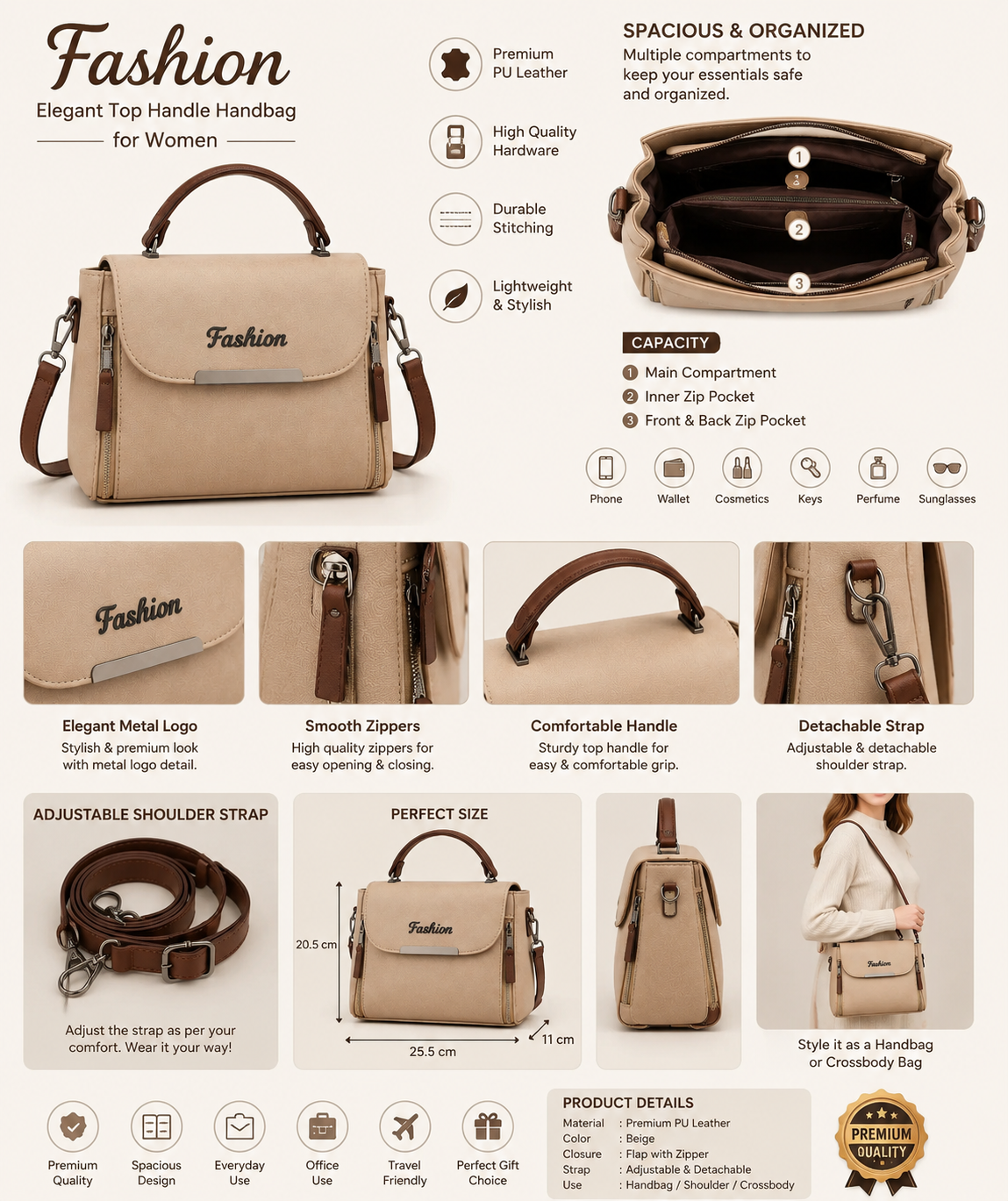 Elegant Beige Fashion Top Handle Crossbody Bag for Women