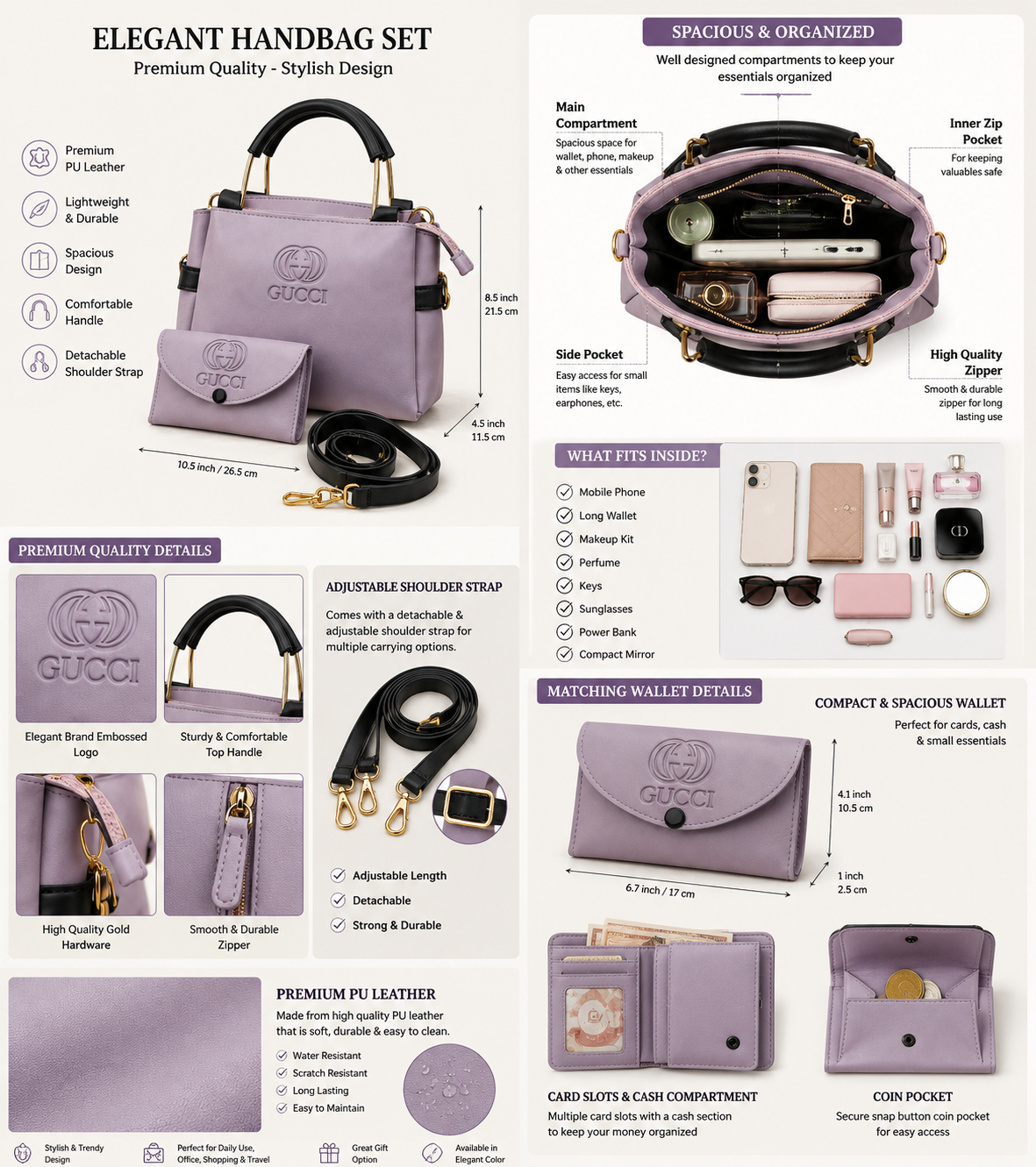 Luxury Lavender Handbag with Matching Wallet Set for Women