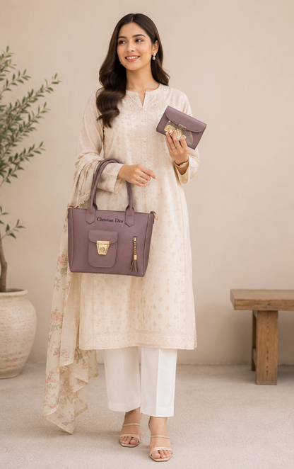 Elegant Women's Handbag & Wallet 2-Piece Set – Mauve Brown