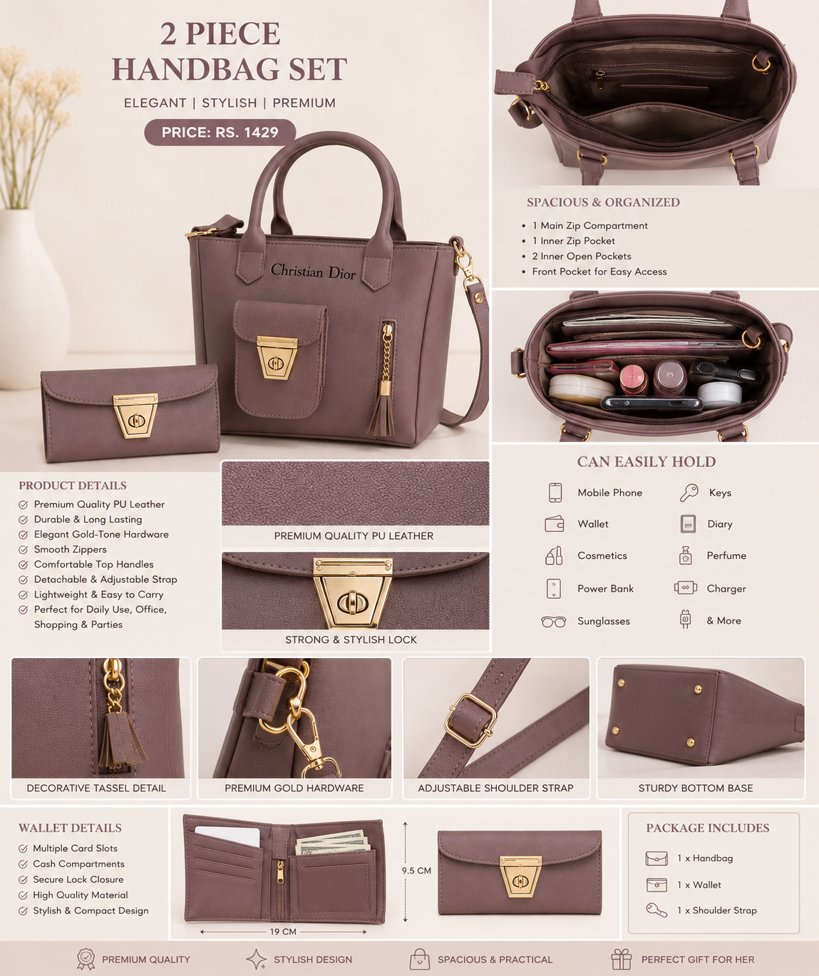Elegant Women's Handbag & Wallet 2-Piece Set – Mauve Brown