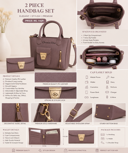 Elegant Women's Handbag & Wallet 2-Piece Set – Mauve Brown