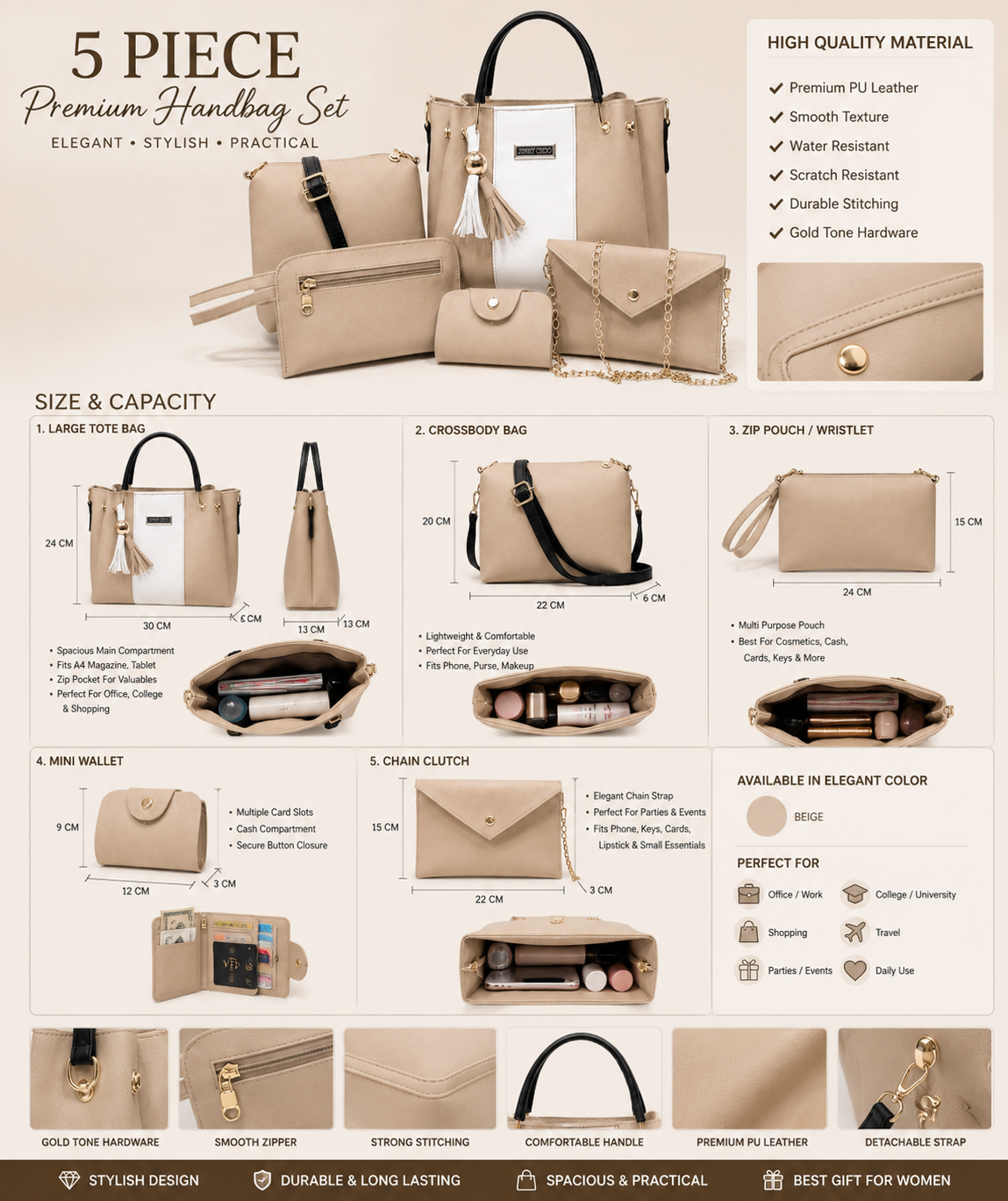 5 Pcs Premium Peach Handbag Set for Women | Tote Bag, Crossbody, Clutch, Wallet & Pouch