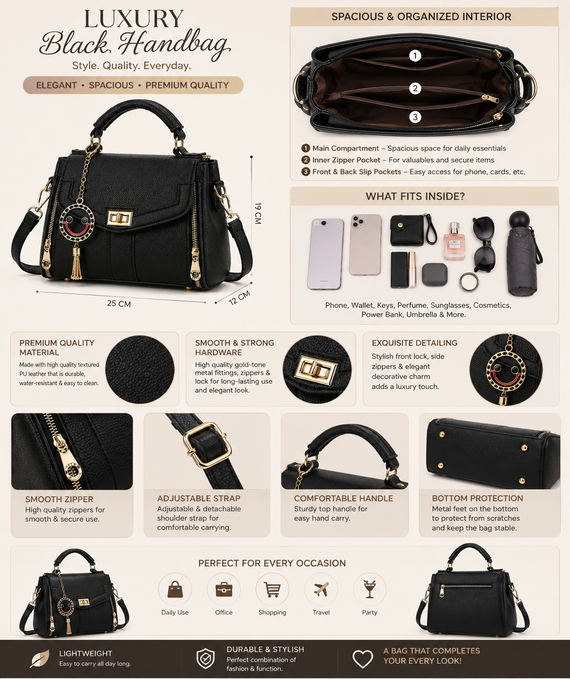 Luxury Black Textured Top Handle Crossbody Handbag for Women