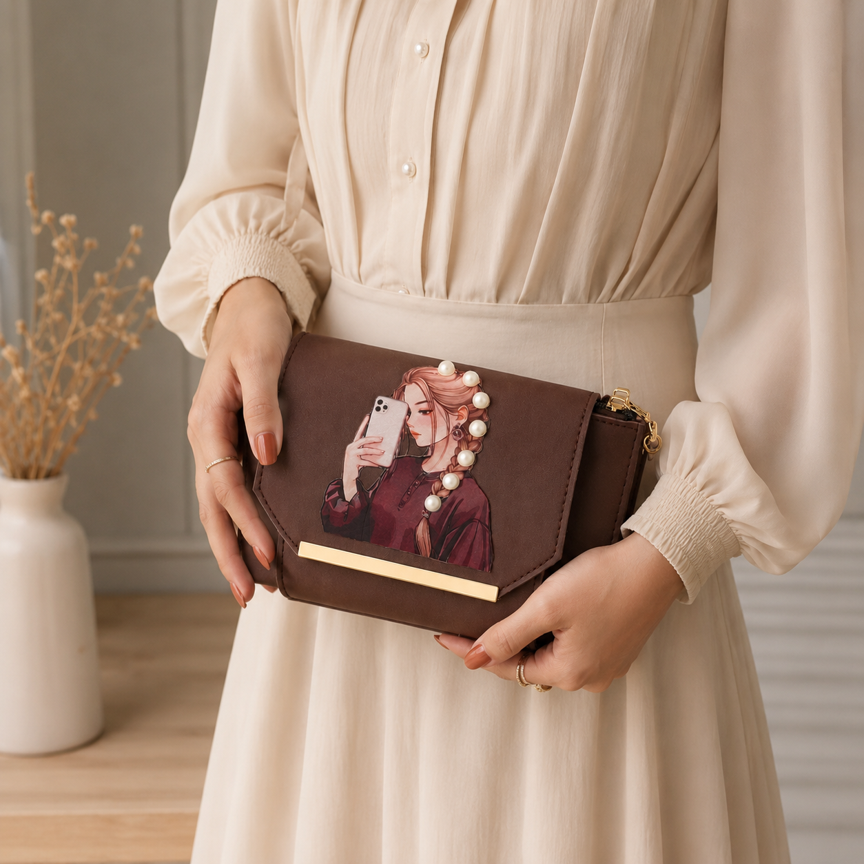 Luxury Printed Crossbody Bag for Women | Premium Pearl Accent Shoulder Bag
