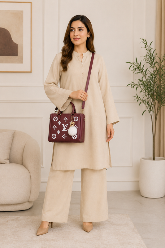 Premium Women's Maroon Monogram Handbag Set – 2 Pcs | Crossbody & Top Handle Bag