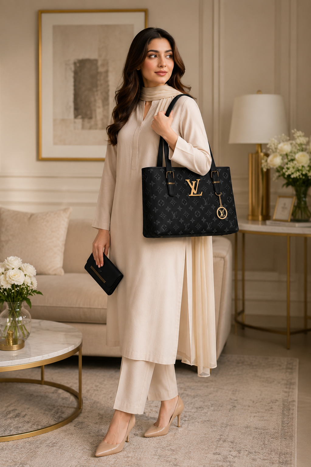 Luxury Women's Black Monogram Tote Bag with Matching Wallet | Premium Handbag Set