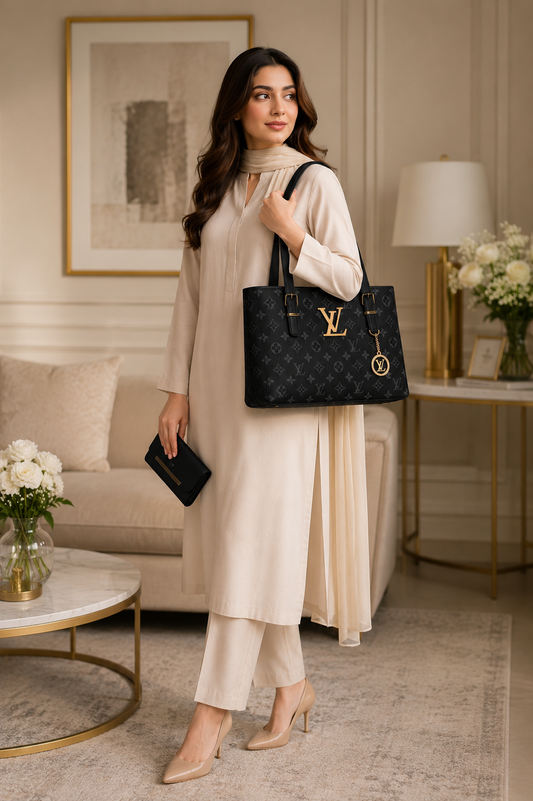 Luxury Women's Black Monogram Tote Bag with Matching Wallet | Premium Handbag Set