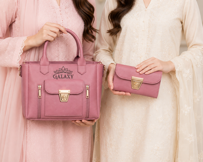 Galaxy Premium Women's Handbag & Wallet Set – Pink | Luxury PU Leather Shoulder Tote