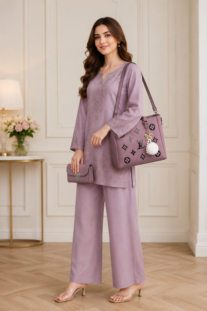Luxury Women's 2-Piece Tote Bag & Mini Crossbody Wallet Set – Mauve Pink
