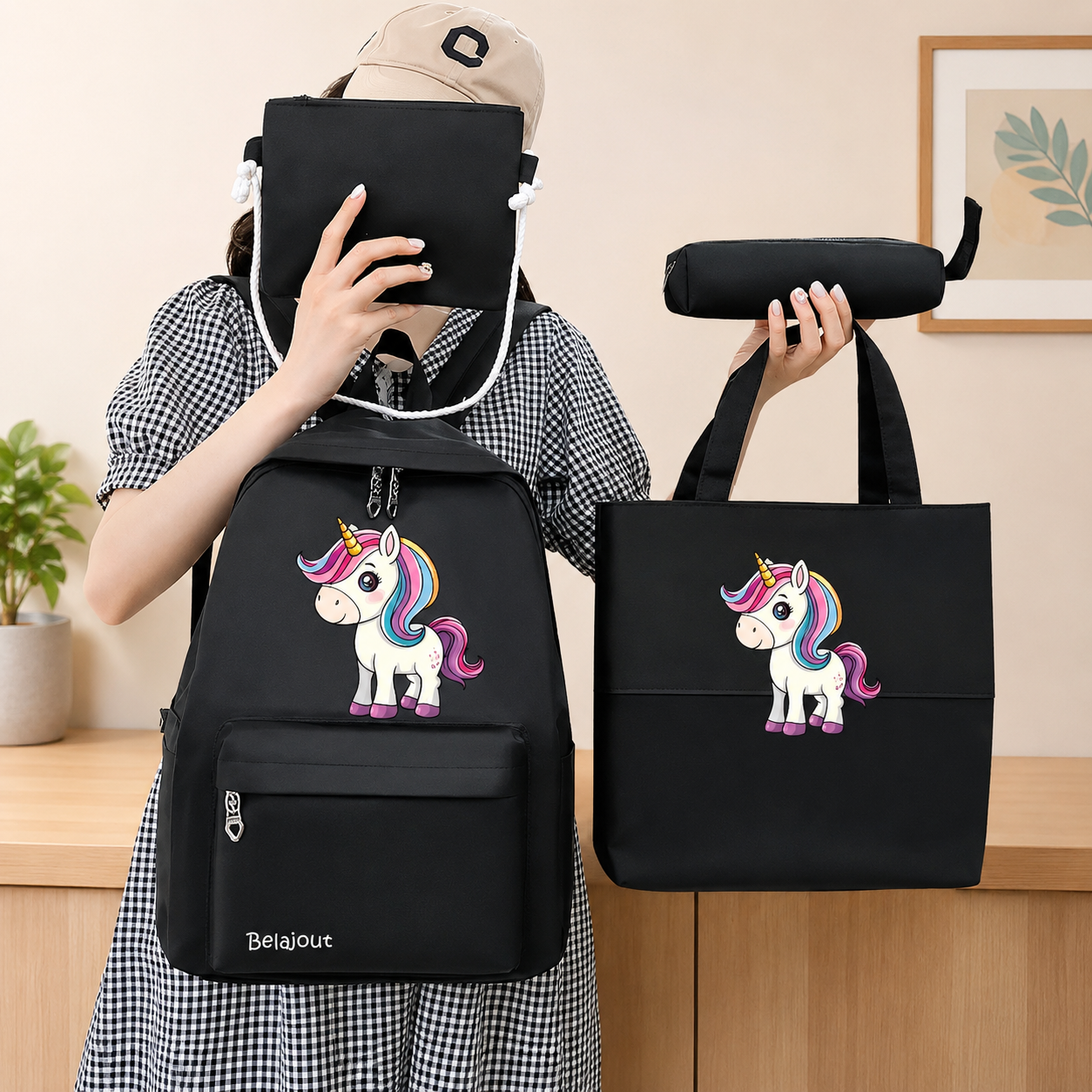 4 Pcs Unicorn School Bag Set for Girls – Backpack, Tote Bag, Pouch & Pencil Case