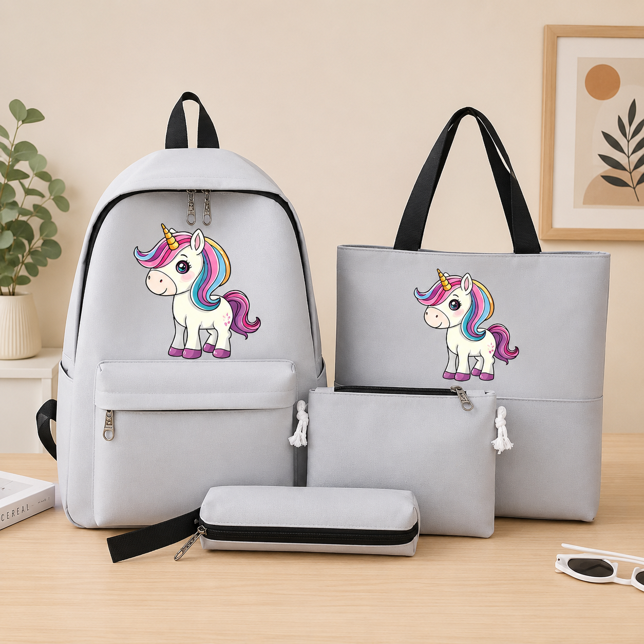 4 Pcs Unicorn School Bag Set for Girls – Backpack, Tote Bag, Pouch & Pencil Case