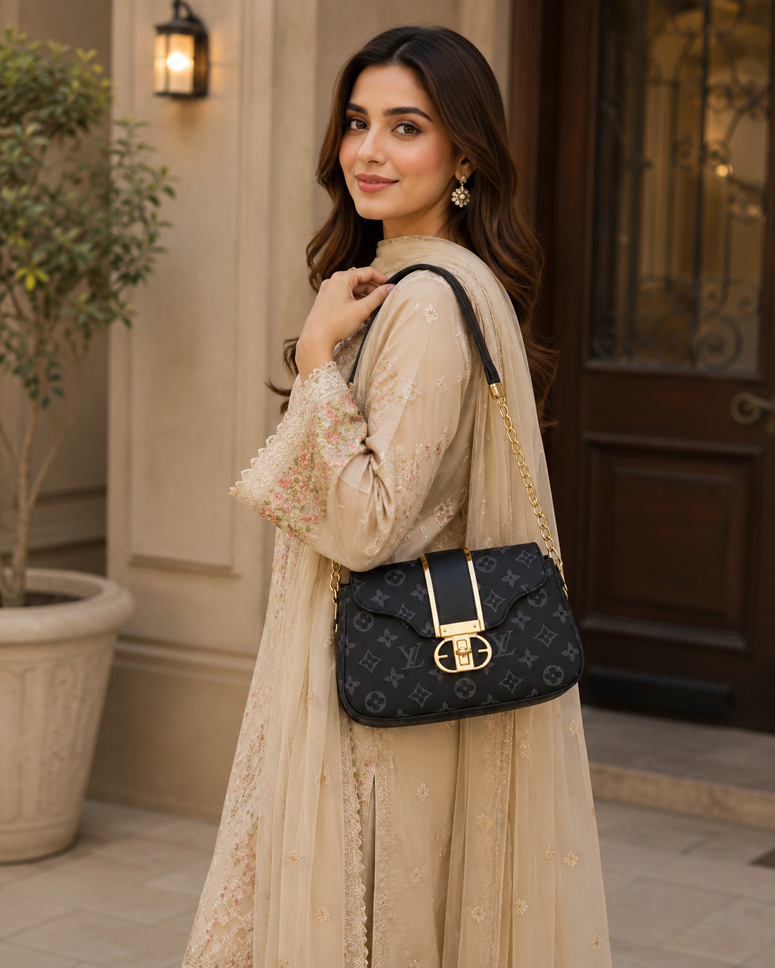 Luxury Monogram Chain Shoulder Bag for Women – Black & Gold Premium Handbag