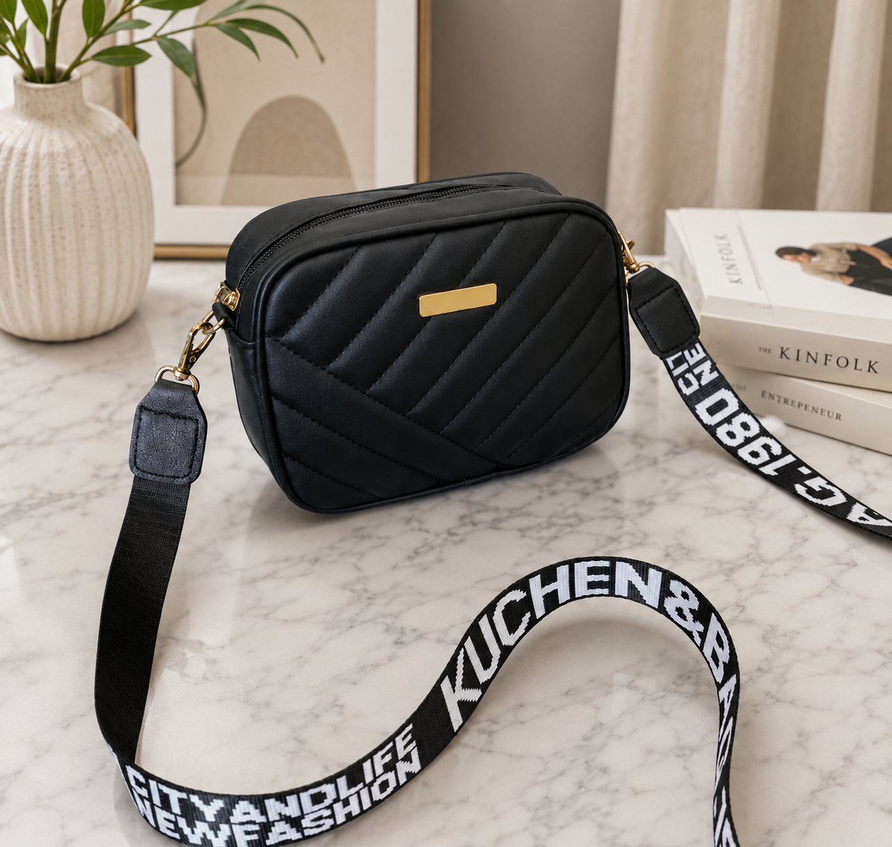 Women's Quilted Crossbody Shoulder Bag with Wide Adjustable Strap – Black