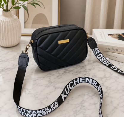 Women's Quilted Crossbody Shoulder Bag with Wide Adjustable Strap – Black