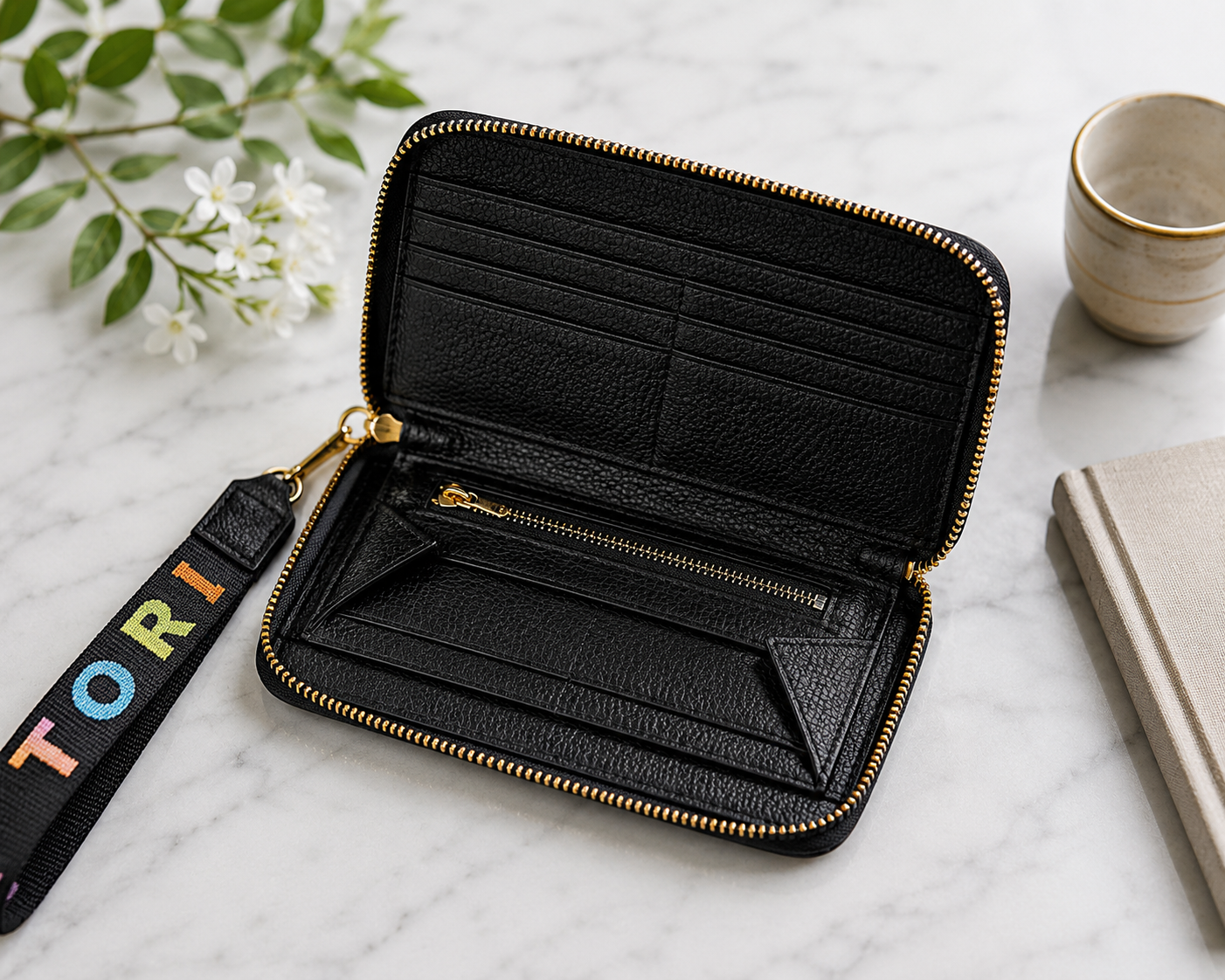 Women's Premium Zip Around Wallet with Wrist Strap – Black Leather Texture Gift Wallet