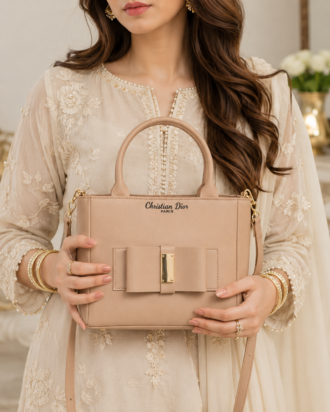 Elegant Bow Top Handle Women's Handbag with Shoulder Strap – Beige