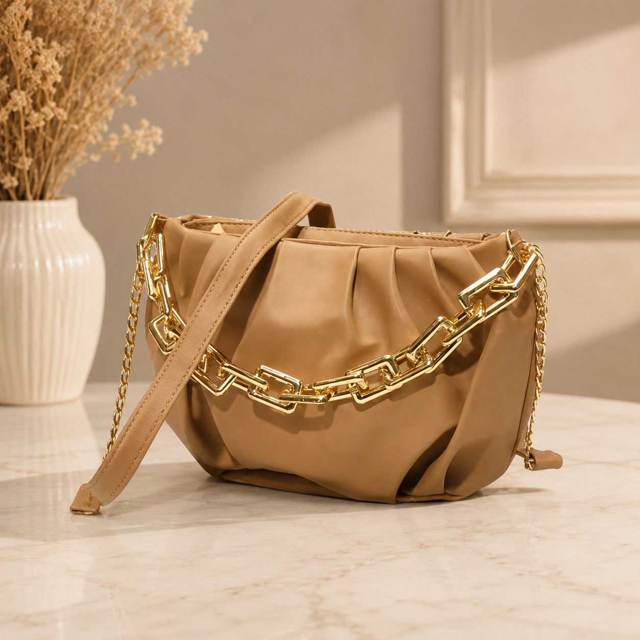 Ruched Cloud Bag with Golden Chain. Dumpling Chain Handbag.