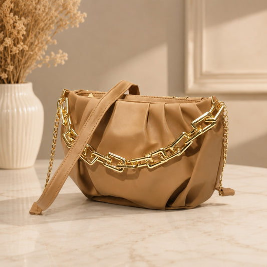 Ruched Cloud Bag with Golden Chain. Dumpling Chain Handbag.