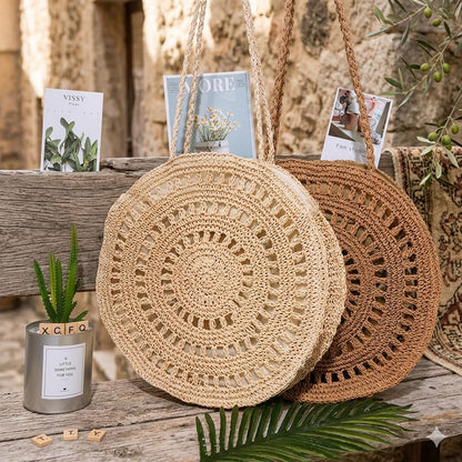 Handmade Round Crochet Straw Bag for Women | Boho Summer Shoulder Bag.