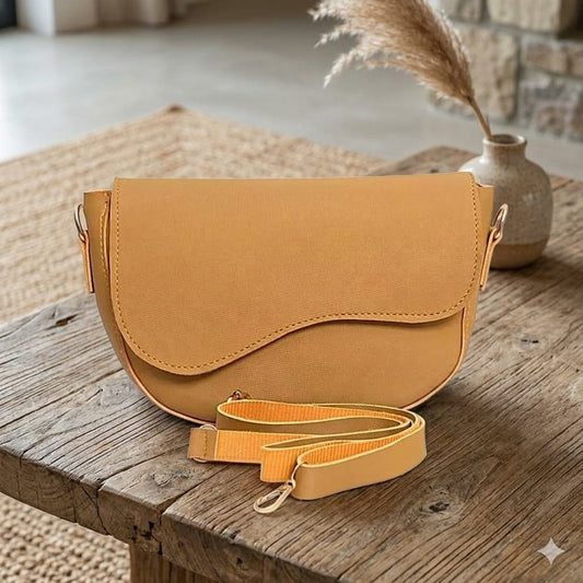 Elegant Minimalist Saddle Crossbody Bag for Women – Mustard Beige