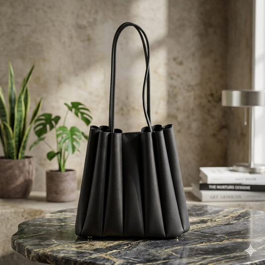 Black Pleated PU Leather Shoulder Bag for Women