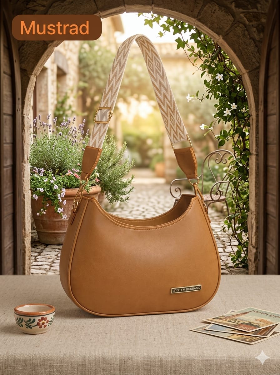 Mustard Leather Shoulder Bag for Girls with Geometric Strap
