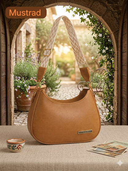 Mustard Leather Shoulder Bag for Girls with Geometric Strap