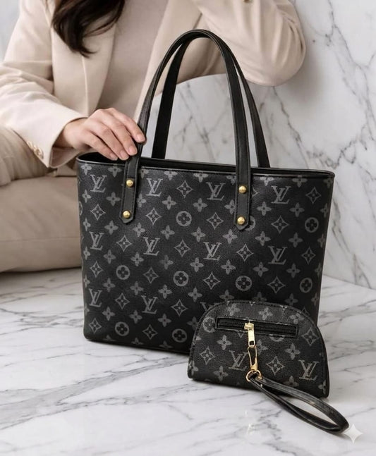 Women's Black Leather Handbag Set with Zipper Compartment