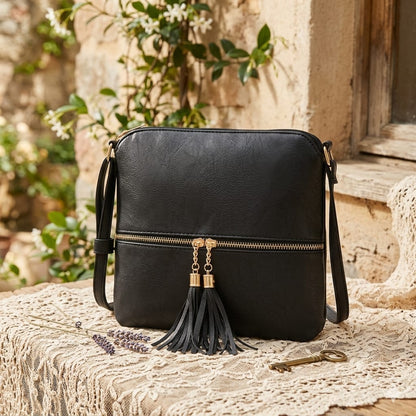 Premium Faux Leather Crossbody Bag with Elegant Dual Tassel Accents – Classic Black