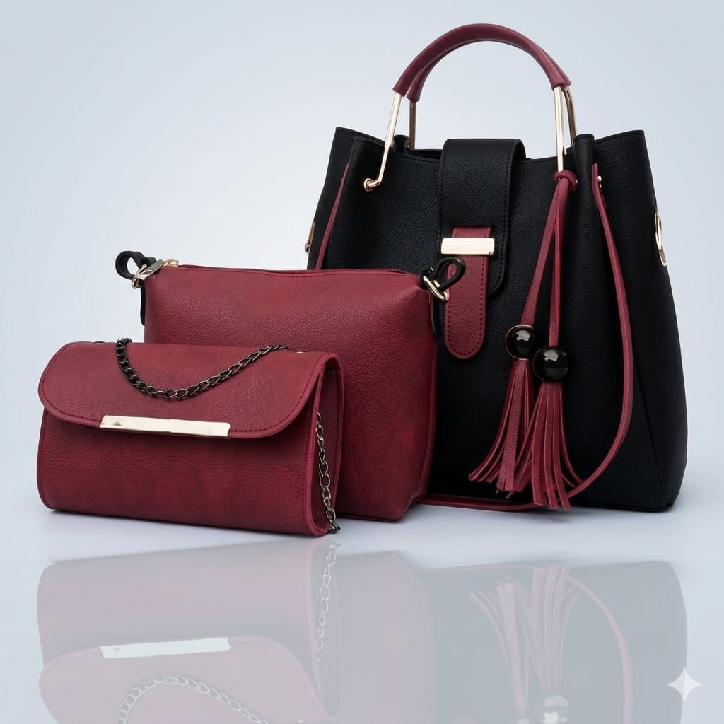 Luxury 3-Piece Women Handbag Set – Black & Maroon