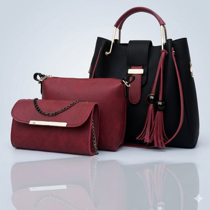 Luxury 3-Piece Women Handbag Set – Black & Maroon