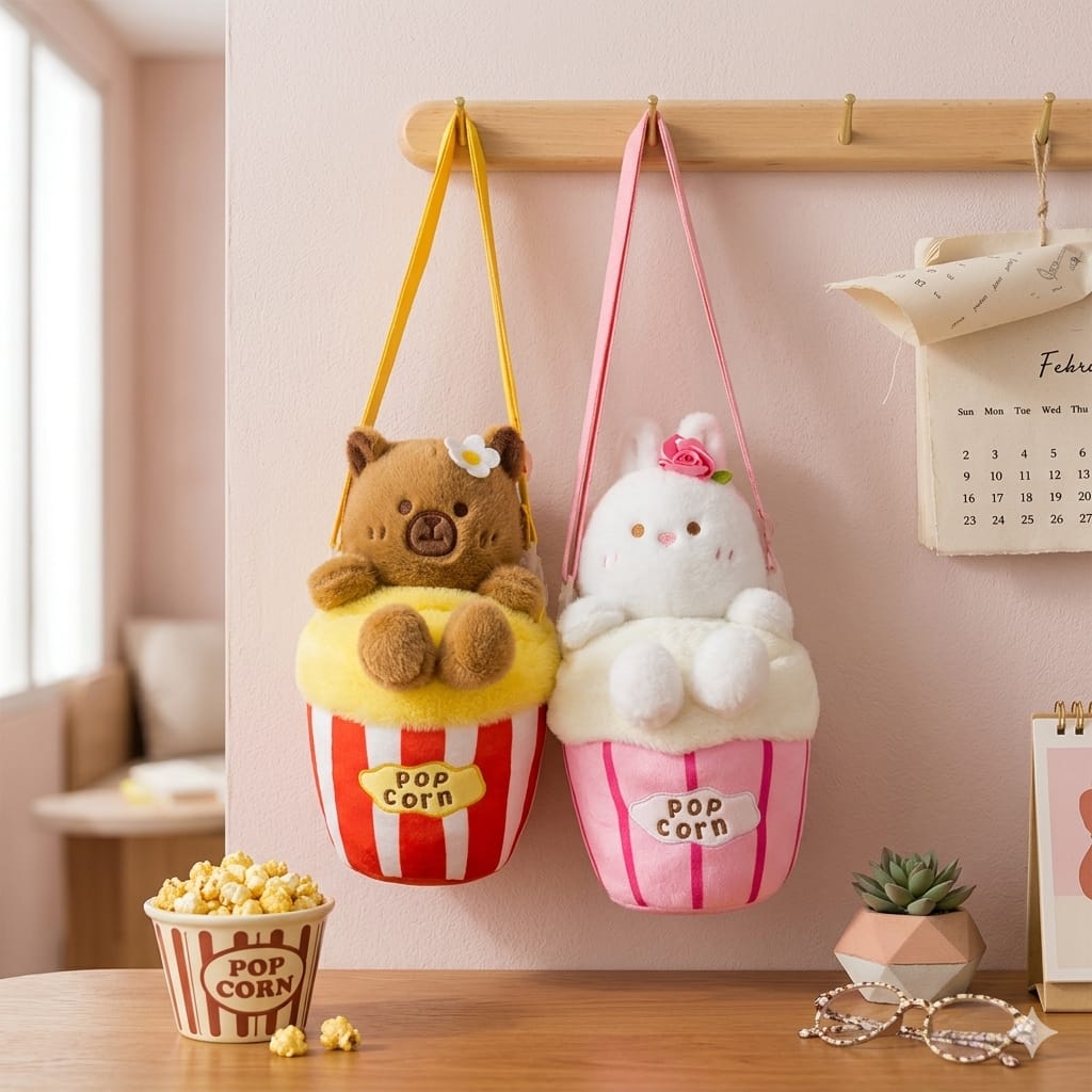 Cute Plush Popcorn Crossbody Bag for Girls – Teddy & Bunny Shoulder Bag | Soft Kawaii Mini Purse