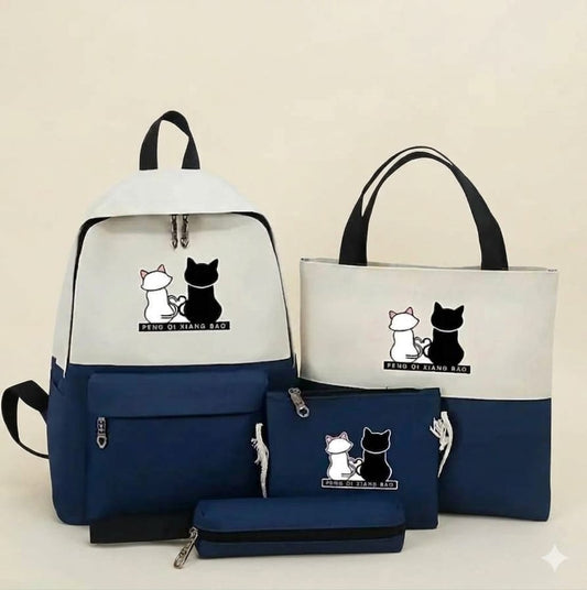 4Pcs Cat Print Backpack Set – School/College Backpack with Tote Bag, Pouch & Pencil Case