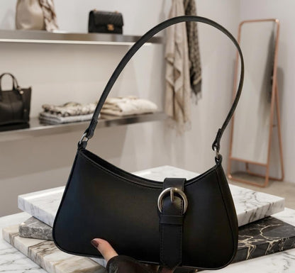 Women's Black Shoulder Bag – Elegant Buckle Detail Handbag