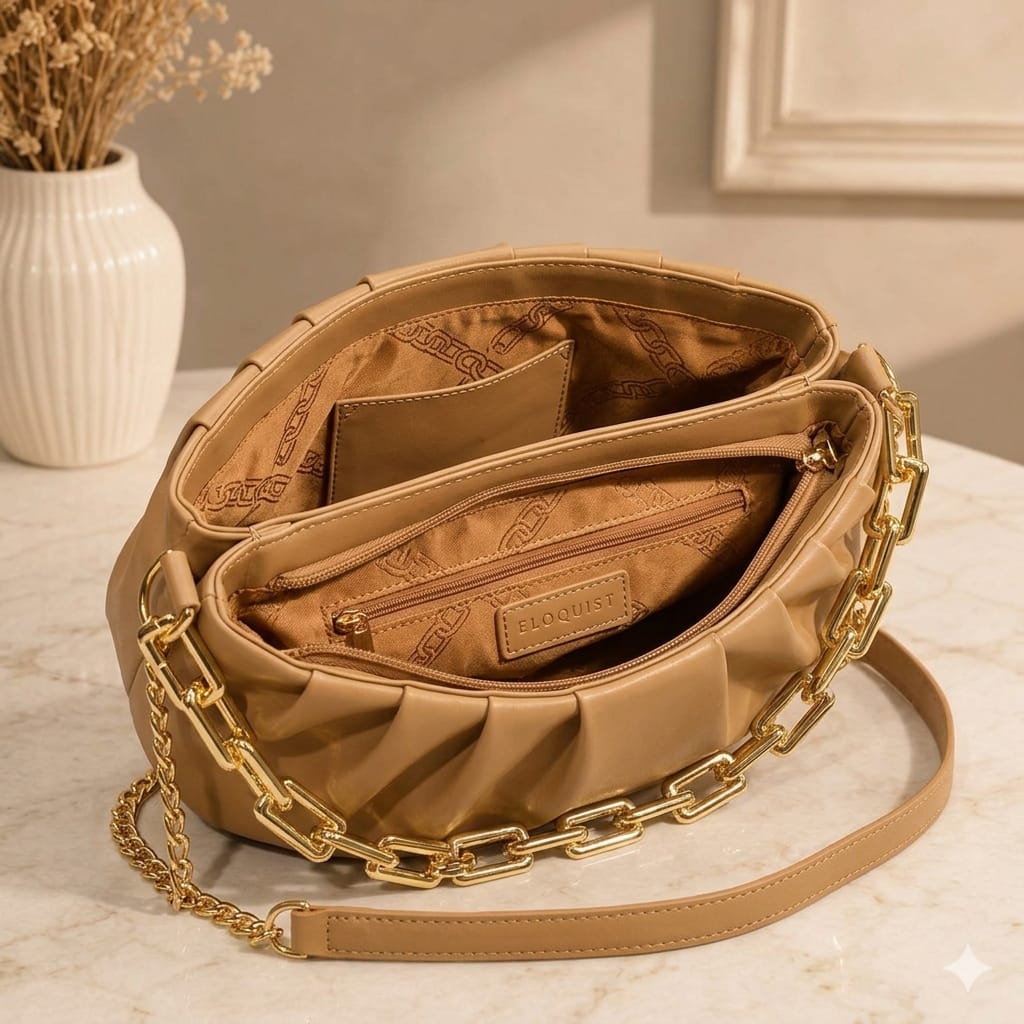 Ruched Cloud Bag with Golden Chain. Dumpling Chain Handbag.
