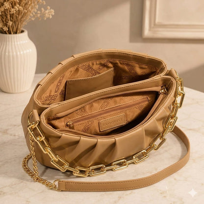 Ruched Cloud Bag with Golden Chain. Dumpling Chain Handbag.