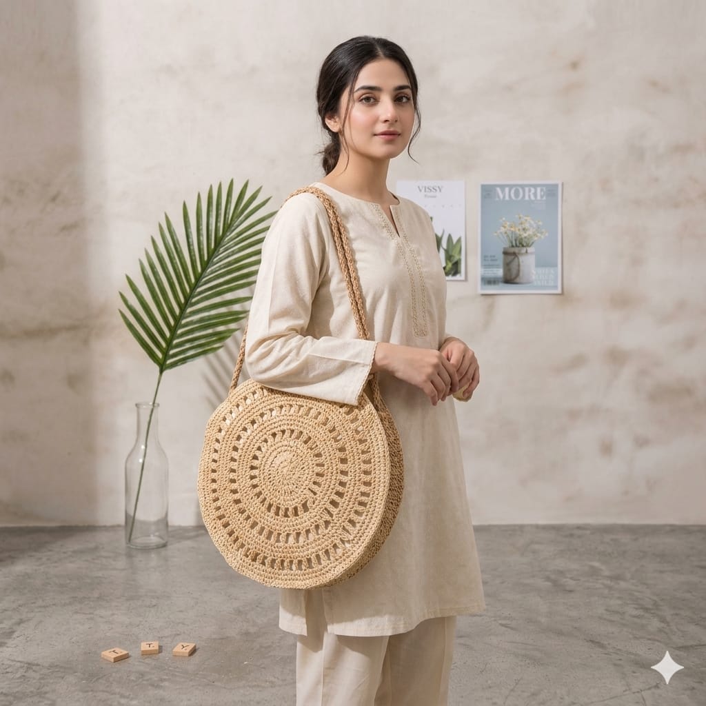 Handmade Round Crochet Straw Bag for Women | Boho Summer Shoulder Bag.