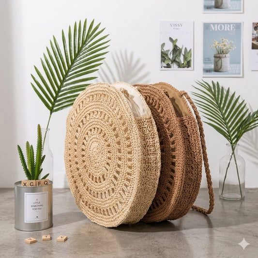 Handmade Round Crochet Straw Bag for Women | Boho Summer Shoulder Bag.