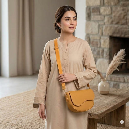 Elegant Minimalist Saddle Crossbody Bag for Women – Mustard Beige