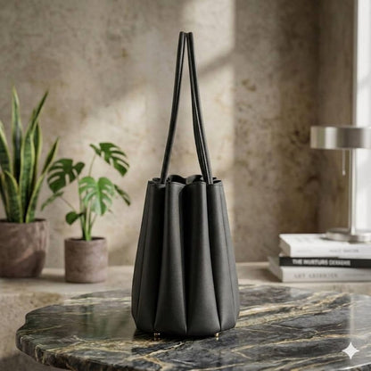 Black Pleated PU Leather Shoulder Bag for Women