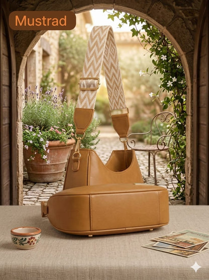 Mustard Leather Shoulder Bag for Girls with Geometric Strap